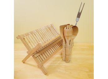 Bamboo Dish Drying Rack And Wooden Kitchen Tools In Jar