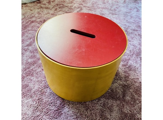 Round Wooden Storage Bin With Sewing Contents (Livingroom)