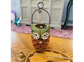 Hanging Ceramic Owl Candle Holder With Brass Metal Snuffer (Livingroom)