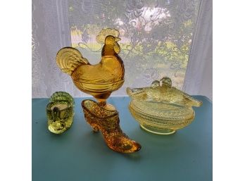 Lidded Rooster And Bird Dishes, Yellow Glass Shoe And Votive Holder