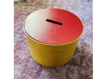 Round Wooden Storage Bin With Sewing Contents (Livingroom)