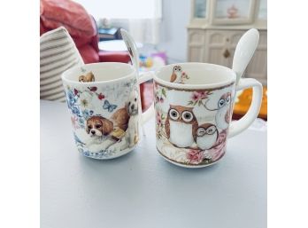Dog And Owl Mugs With Stirring Spoons (Kitchen)