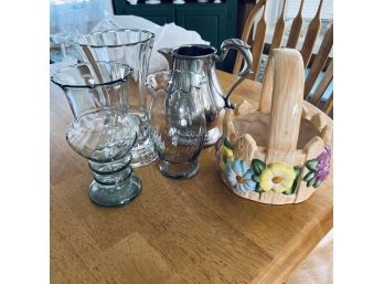 Glass Vases, Pewter Pitcher And Ceramic Basket (Dining Room)