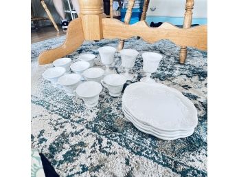Milk Glass Lunch Plates, Goblets And Tea Cups (Dining Room)