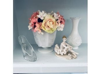 Ballerina Figure, Milk Glass Vases And Glass Shoe (Kitchen)