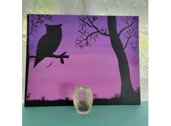 Glass Owl Figurine And Painting (Kitchen)