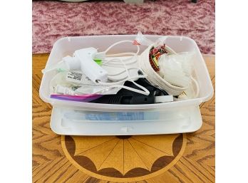 Assorted Glue Guns, Glue Sticks, And Findings With Plastic Storage Bin (Livingroom)