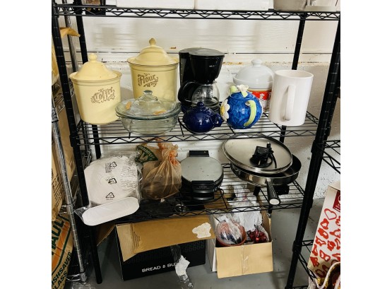 Shelf Lot: Dishes, George Foreman Grill, Small Appliances, Etc. (Shelves 4, 5, And Floor)