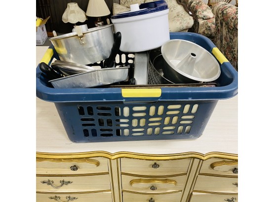 Assorted Pots And Pans Lot With Blue Basket
