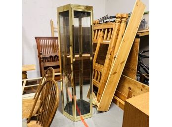 Brass Tone Lighted Mirrored Display Cabinet With Glass Shelves
