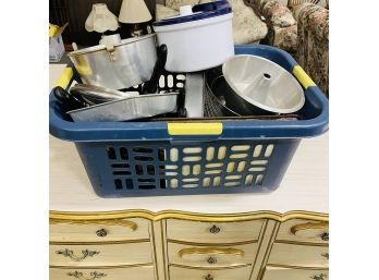 Assorted Pots And Pans Lot With Blue Basket