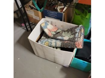 Box Of Misc Items. Small Rug, Harmonica, Candle And More