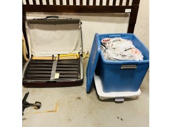 Assorted Linens In Plastic Totes And Suitcase With Shoe Rack And Frames