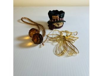 Angel Ornament, Snowman Tea Light Holder And Gold Tie (Zone 4)
