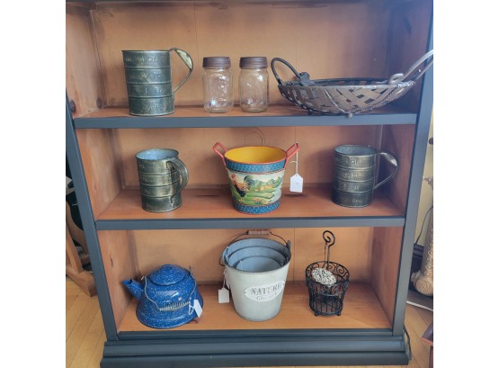 Vintage Measuring Cups, Tea Pot, Jam Jars, Cast Iron Basket And Other Decor. (Room 2)