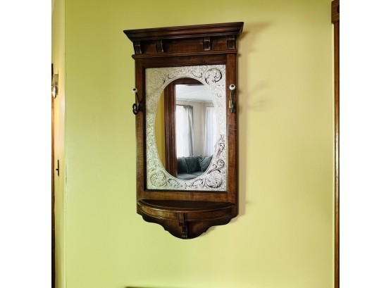 Vintage Wood Mirror With Frosted Glass, Side Hooks And Shelf (Upstairs)