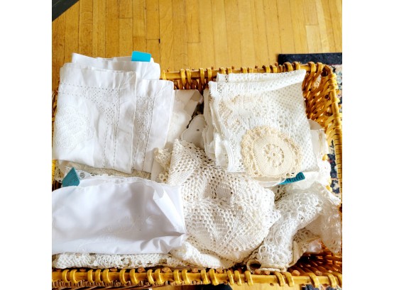 Basket Of Hand Crocheted Doilies And Napkins (Room 2)