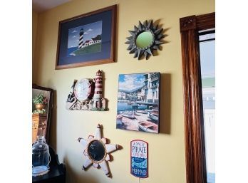 Wall Art Lot: Lighthouse Clock, Mirrors, Framed Prints, Tin Mermaid Sign (Room 4)