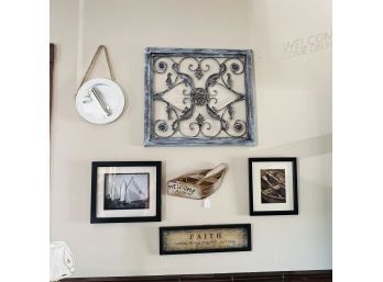 Wall Art Lot: Round Mirror, Boat Welcome Sign, Nautical Photo Prints, Etc. (Room 1)