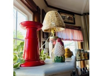 Jar Lamp, Ceramic Rooster, Honey Pot, Bird And Red Candle Holders (Room 6)