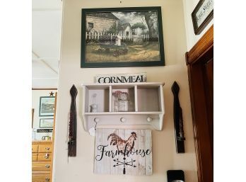 Wall Lot: Candle Holders, Shelf With Cubbies, Cornmeal Sign, Chicken Sign And Country Print (Room 6)