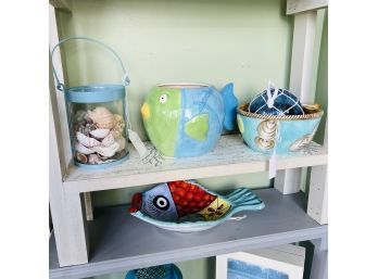 Shelf Lot: Fish Pot, Bowl, Fish Plate And Container With Shells (Room 5)