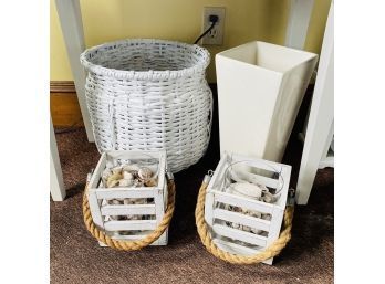 Beach-themed Wooden Candle Boxes With White Ceramic Vase And Wicker Basket (Zone 3)