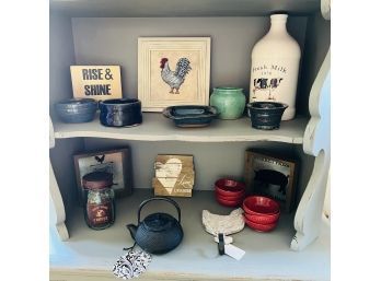 Shelf Lot: Small Signs, Jar, Pottery, Dishes, Chicken Hook, Etc. (Room 6)