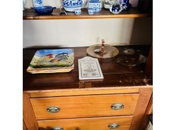 Shelf Lot: Rooster Plate, Glass Dishes And Ceramic Tray (Room 6)