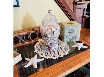 Glass Jar With Shells, Ceramic Starfish, XOXO Letters, Tissue Cover (Room 4)