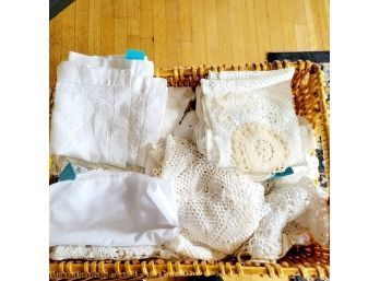 Basket Of Hand Crocheted Doilies And Napkins (Room 2)