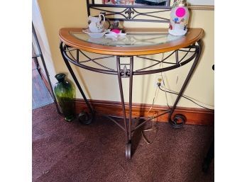 Wood And Metal Demilune Table With Glass Top (Room 4)