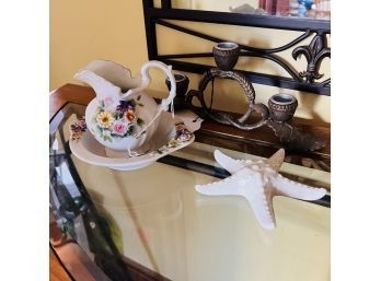 Vintage Lefton China Small Pitcher And Bowl, Starfish And Candle Holder (Room 4)