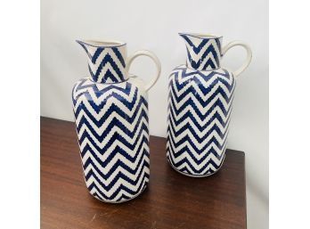 Pair Of Decorative Blue And White Chevron Striped Jugs (Shelf No. 3)