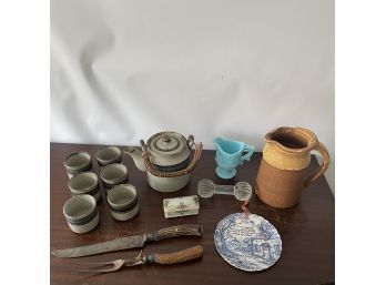 Vintage Pottery, Carving Knife And Fork, Blue Milk Glass Pitcher, And More! (Box 2)