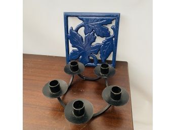 Blue Metal Leaf Trivet And Black Metal Five-Candle Center Piece (Shelf 2/Bin 1)