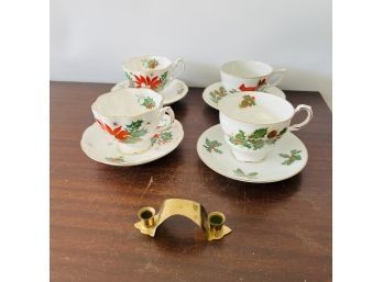 Assortment Of Vintage Christmas Tea Cups And Saucers With Small Brass Candle Holder (Box 10)