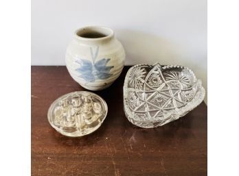 Crystal Dish, Glass Flower Frog And Small Pottery Vase (Bin A)
