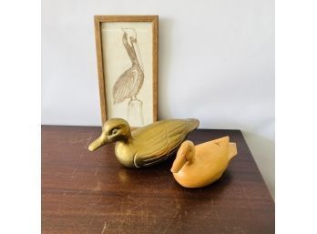 Brass And Wooden Duck Figures, And Framed Print Drawing (Shelf 2)