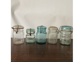 Lot Of Five Assorted Brand Canning Jars With Lids (TD)