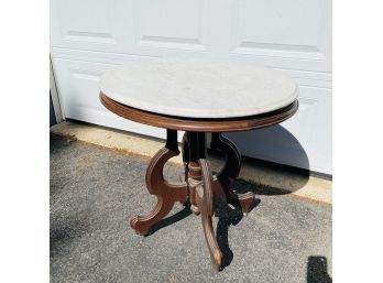 Vintage Marble And Wood Pedestal Side Table On Wheels 28.5'x29'x23' (TD)