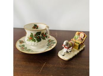 Christmas Ceramics Lot - Holly Teacup And Saucer And Lefton Sleigh (Auction Box 1)