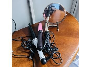 Set Of Three Curling Irons And Round Mirror (KT)