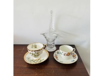 Staffordshire And Norwegian Tea Cups With Glass Basket (Box 8)