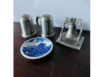 Vintage Pressman Pewter Salt & Pepper Shakers, Hudson Pewter Liberty Bell And Small Transferware Plate (Table)