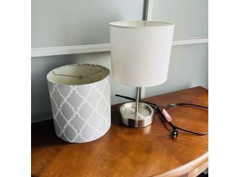 Silver Tone Lamp With Extra Plug And Gray Lattice Lampshade (KT)