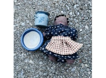 Miniature Doll, Tiny Signed Pottery Bowl And Crock (JC)