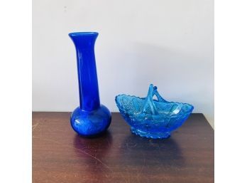Blue Glass Vase And Blue Crystal Basket (Box 8)