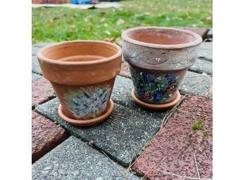 Set Of Two Hand Painted Terra Cotta Pots (JC)