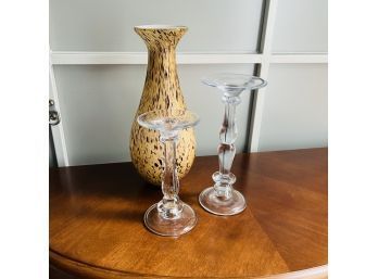 Speckled Glass Vase And Pair Of Glass Candleholders (LG)